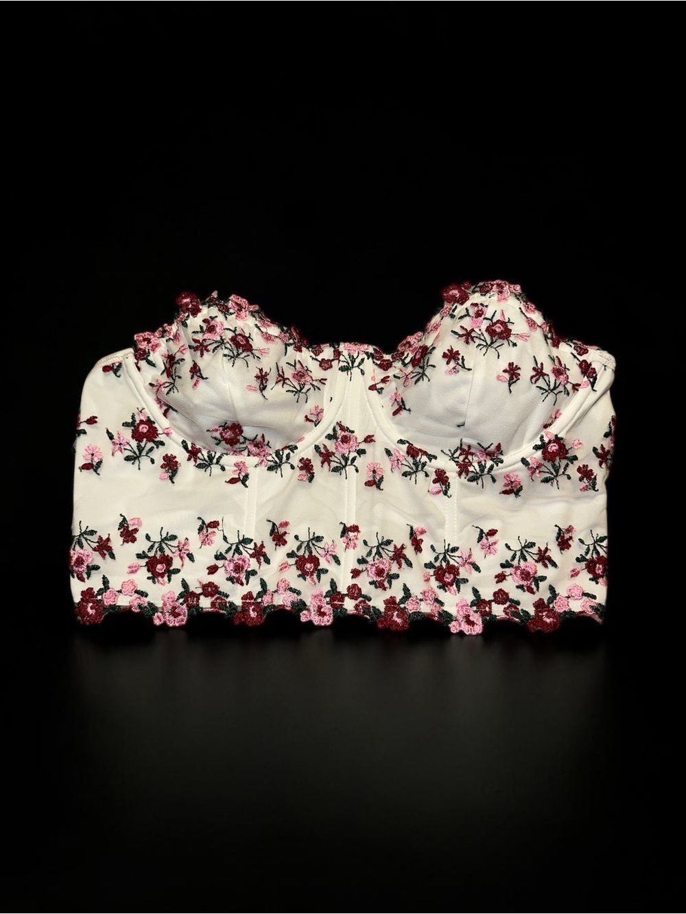 SHEIN White Bustier Bra with Pink & Burgundy Floral Embroidery size‎ L
